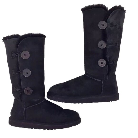 Ugg Bailey Button Tall Triplet Suede Fur Shearling Lined Boots Black Size 7 - Picture 1 of 14